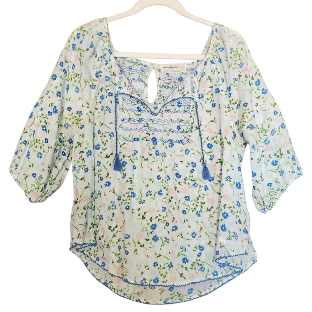A&F Floral 3/4 Raglan Sleeve Cotton Tassel Lightweight Boho Blouse Top L
